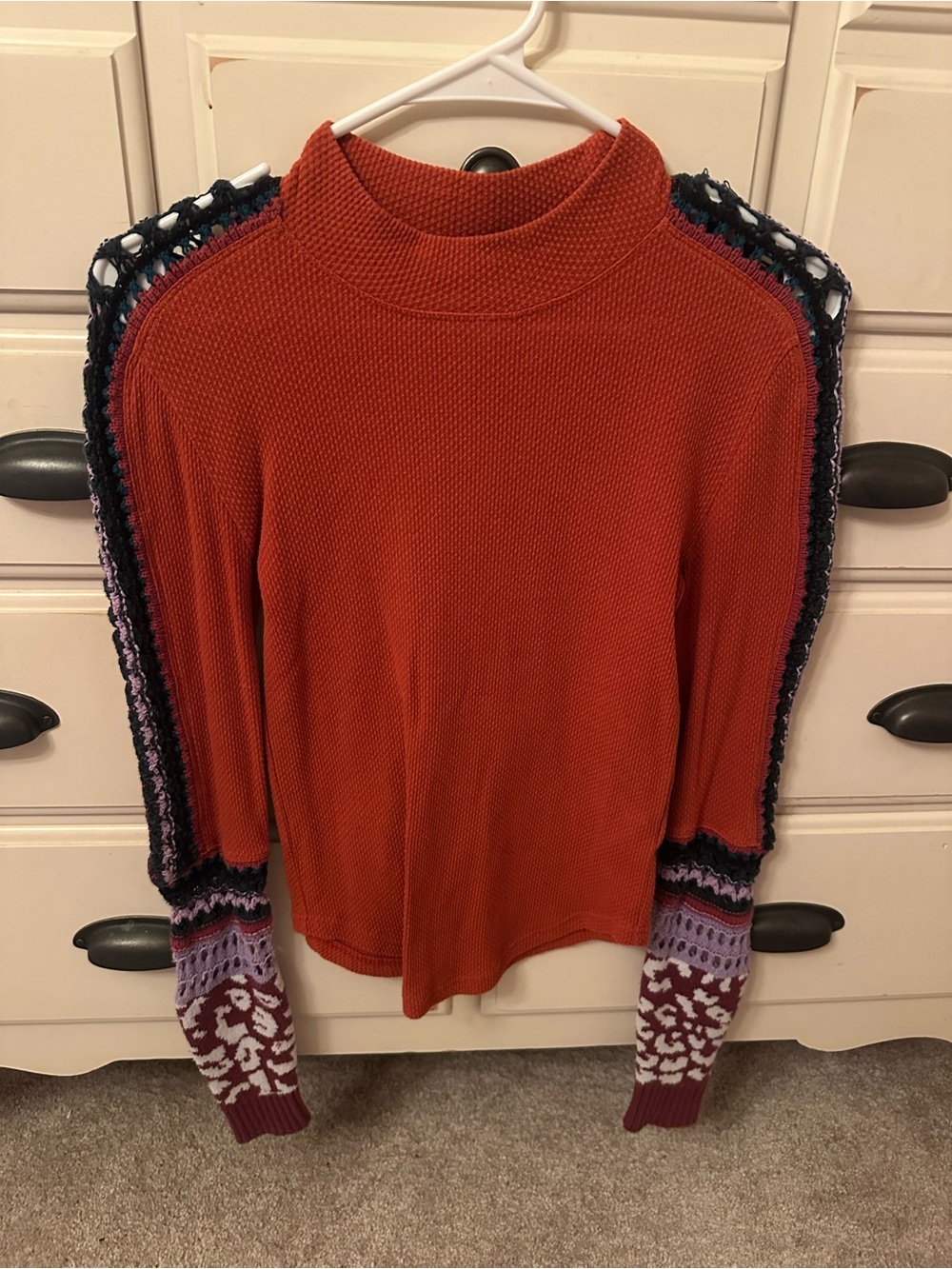 Free People Burnt Orange Knit Sweater with Patterned Sleeves
